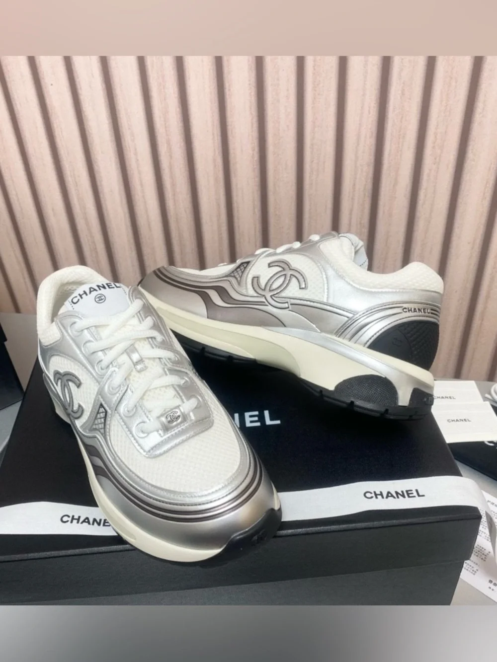 CHANEL White and Silver Sneakers